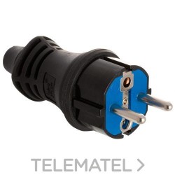 Clavija 2P+T 16A 250V con doble sistema a tierra, sujetacables abatible IP44 material caucho termoplástico para fácil embornam