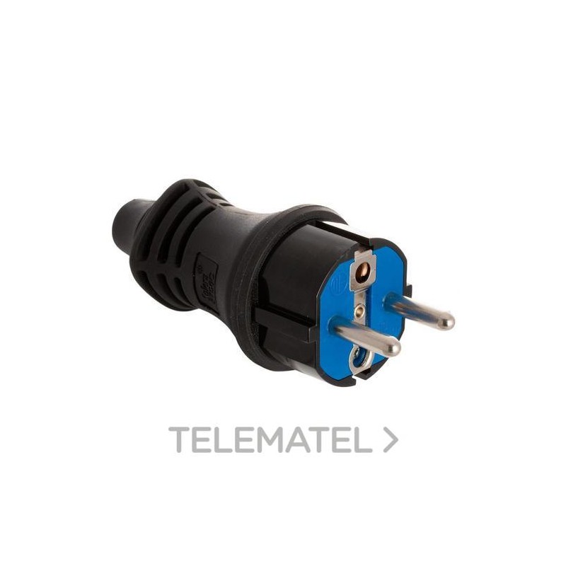 Clavija 2P+T 16A 250V con doble sistema a tierra, sujetacables abatible IP44 material caucho termoplástico para fácil embornam